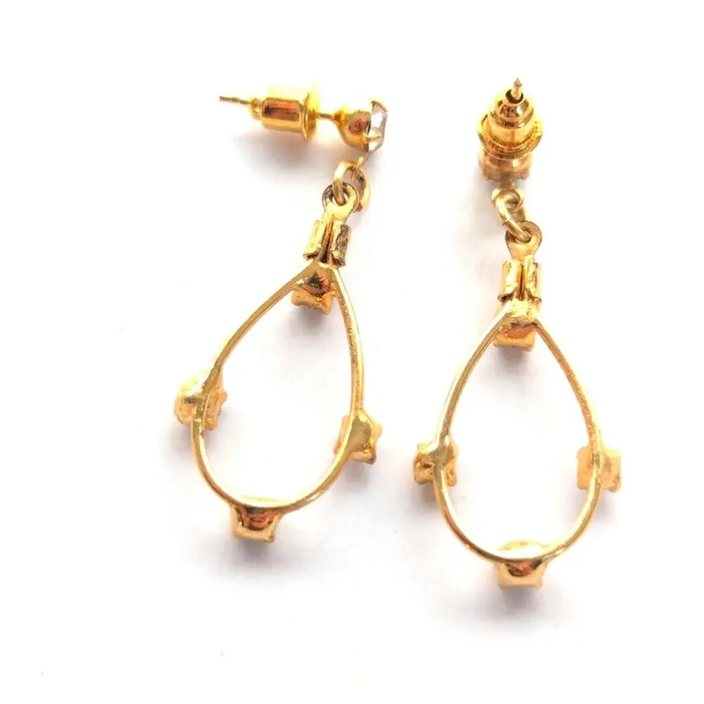 Vintage Prong Set Rhinestone Gold Tone Modernist Dangle Drop Post Earrings